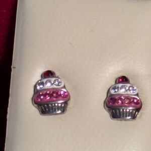 Vintag Sterling Silver925  Cupcake Rhinestone Stud Kids Earrings